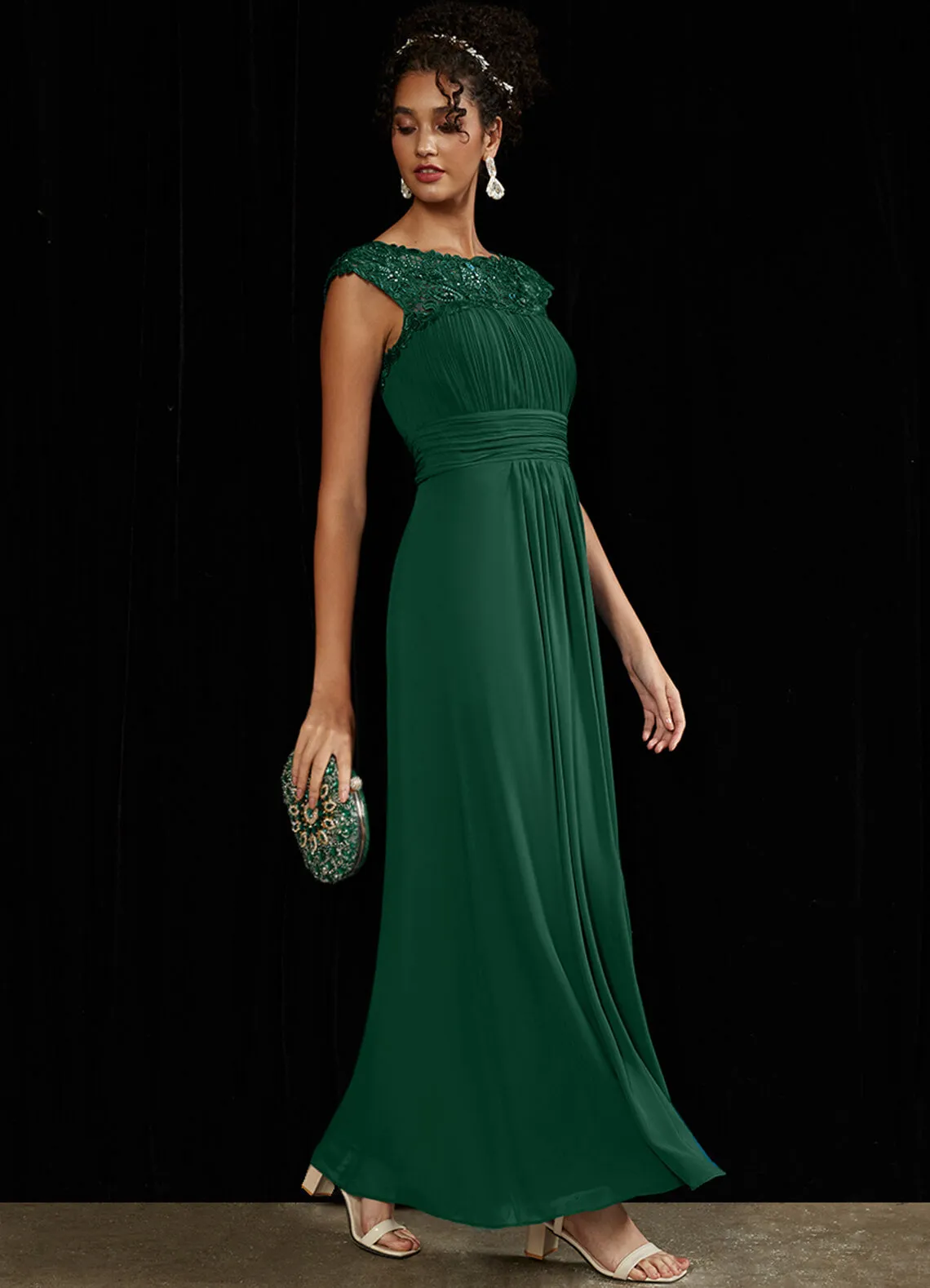 [Final Sale] US14 Emerald Green Lace Open Back Floor Length Silky Chiffon Formal Evening Mother Dress