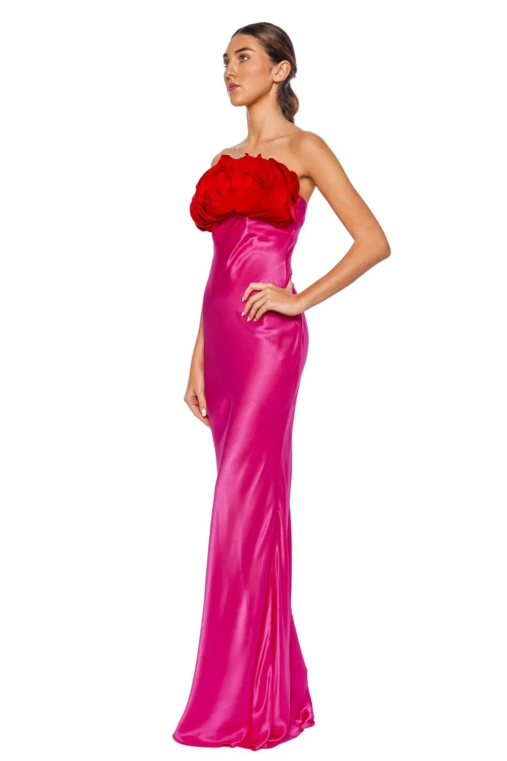 Fiorella Fuchsia & Red Strapless Floral Gown