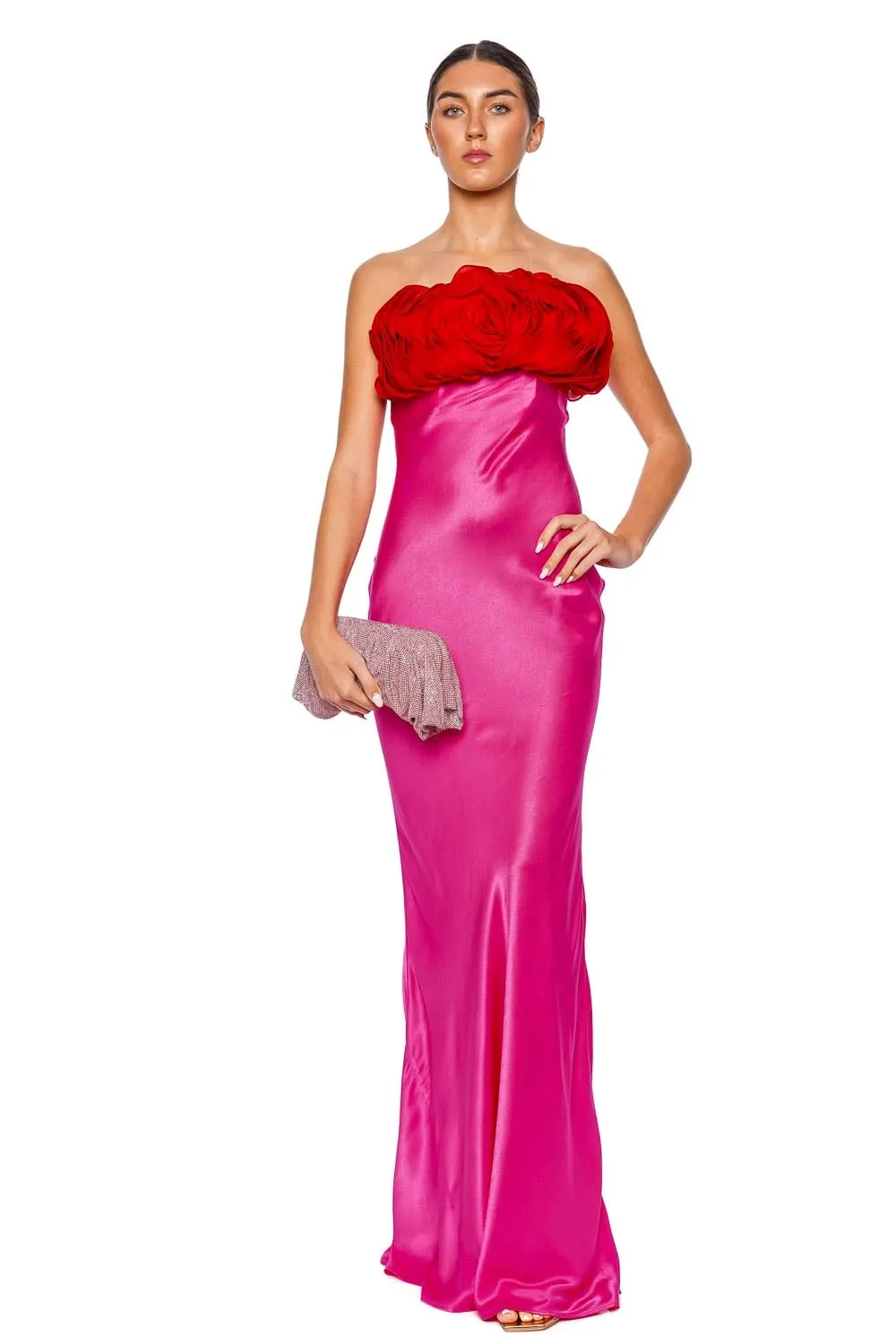 Fiorella Fuchsia & Red Strapless Floral Gown