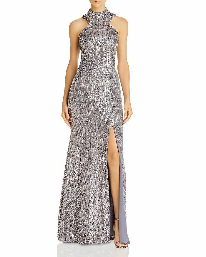 Fit and Flare Cold Shoulder Sequin Gown With Side Split
