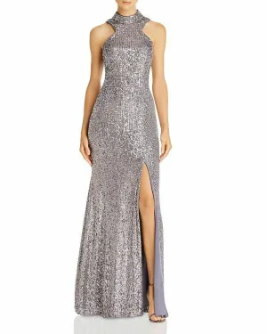 Fit and Flare Cold Shoulder Sequin Gown With Side Split