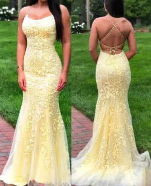 Fitted Backless Yellow Lace Prom Dress