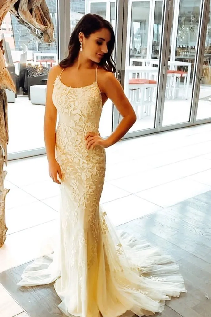 Fitted Backless Yellow Lace Prom Dress