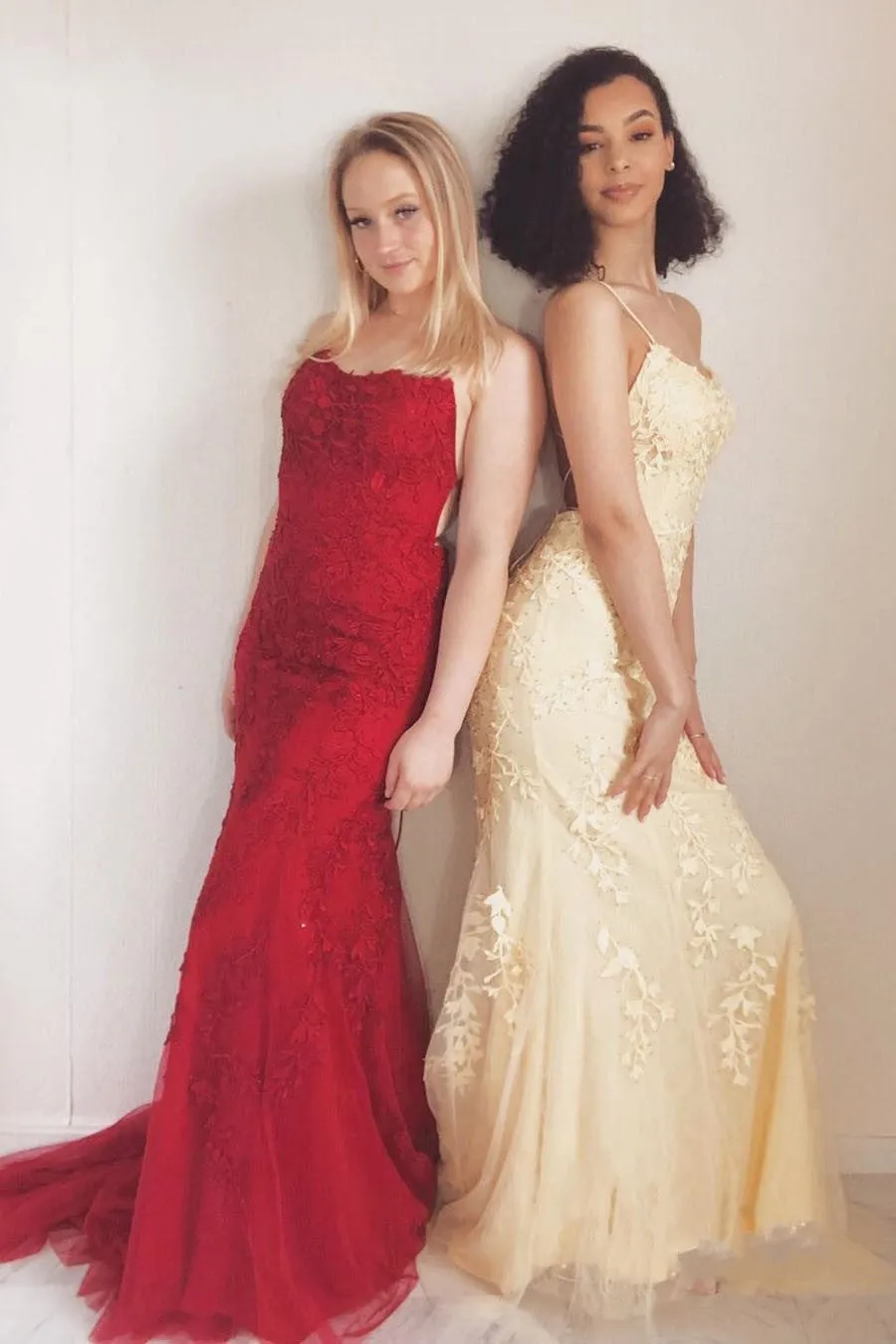Fitted Backless Yellow Lace Prom Dress