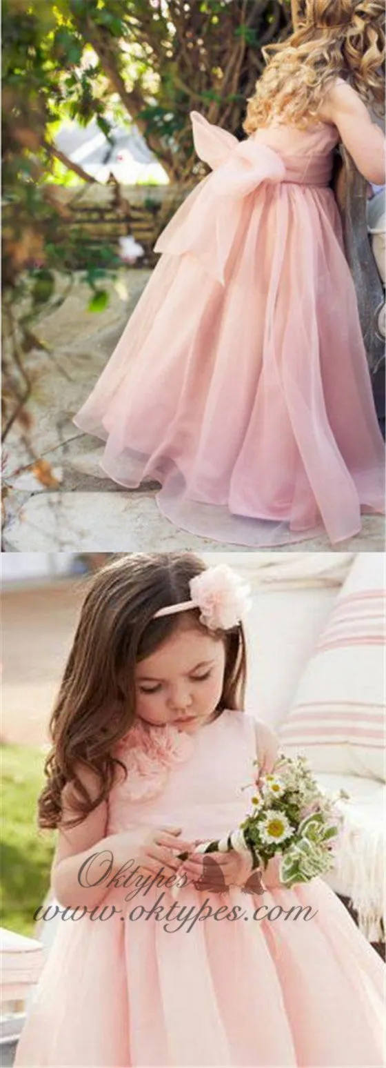 Floor Length Cute Pink Flower Girl Dresses with Sash, TYP1219