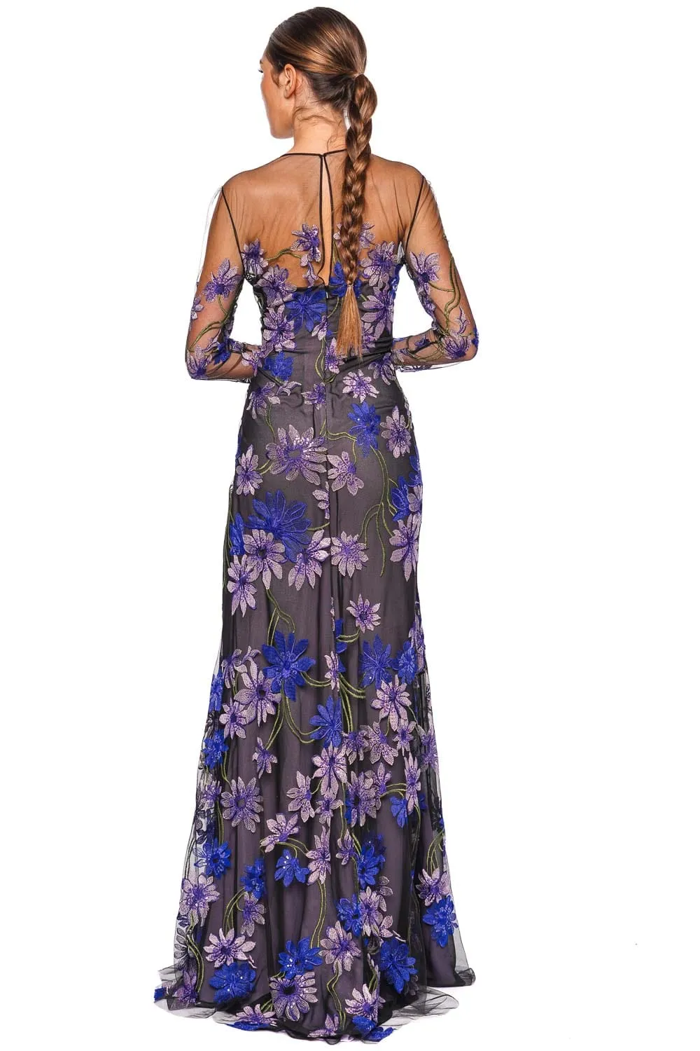 Floral Illusion Long Sleeve Gown