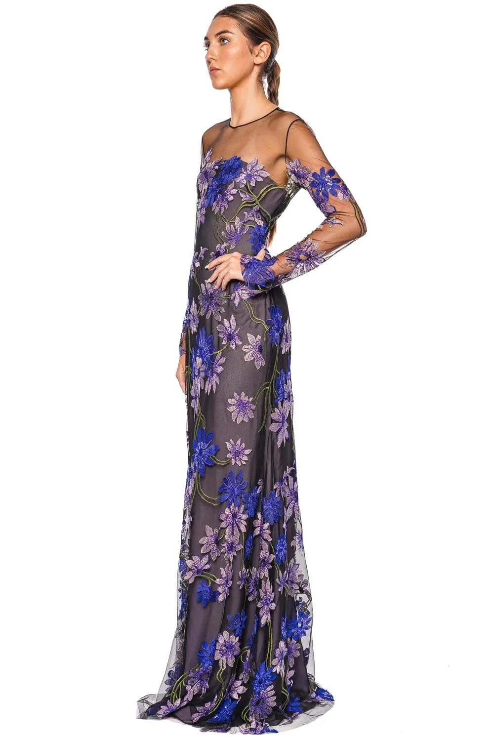 Floral Illusion Long Sleeve Gown
