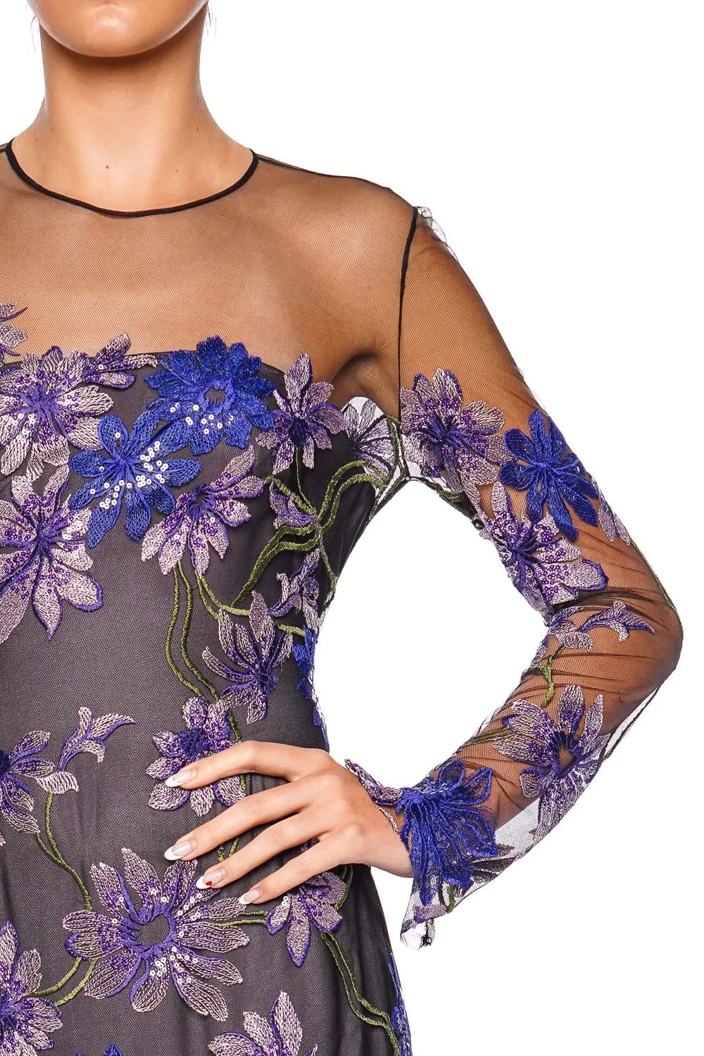 Floral Illusion Long Sleeve Gown