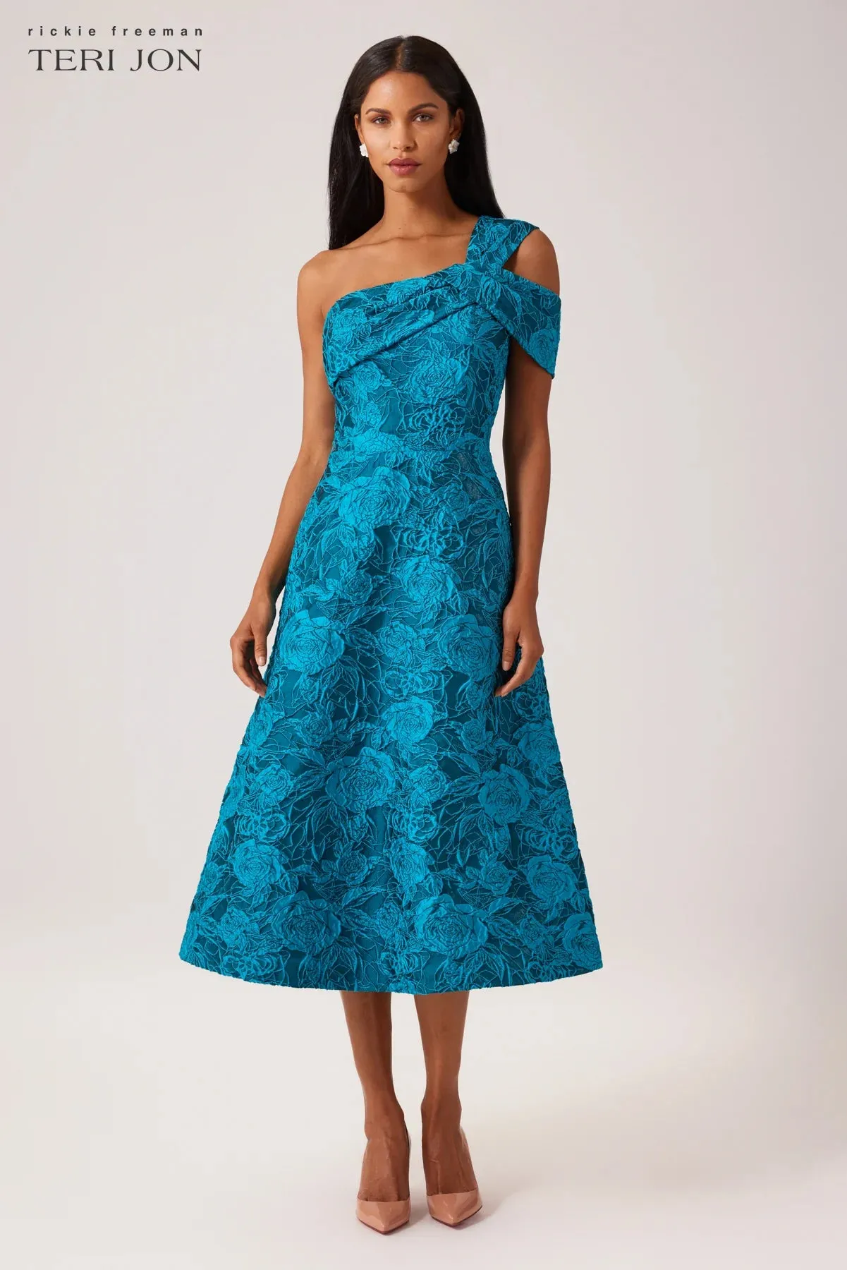 FLORAL JACQUARD ONE SHOULDER DRESS
