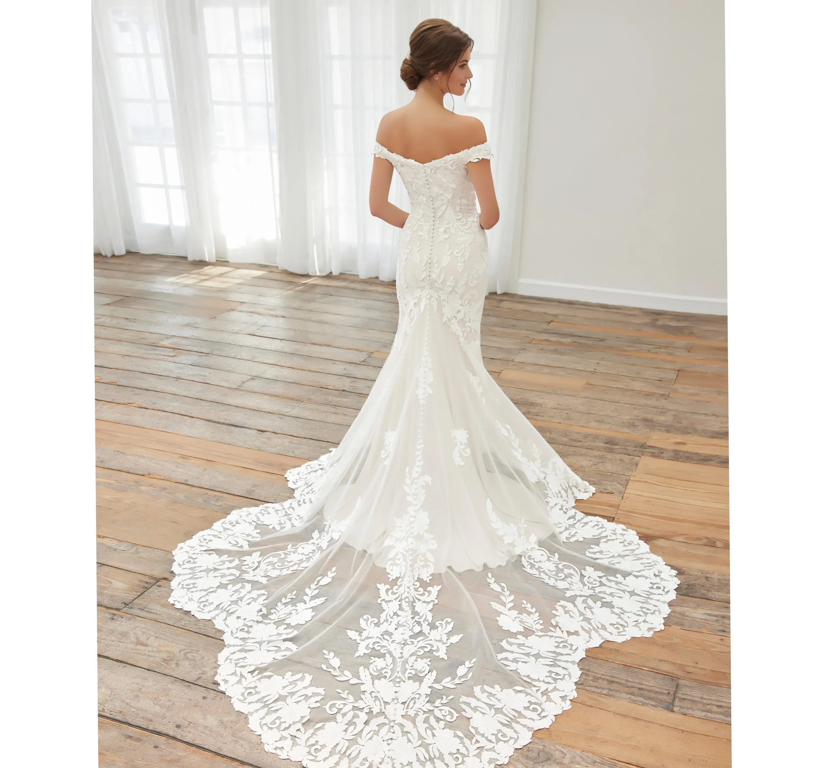 Floral Lace Off-The-Shoulder Fit-And-Flare Gown With Detachable Sleeves In Ivory Almond