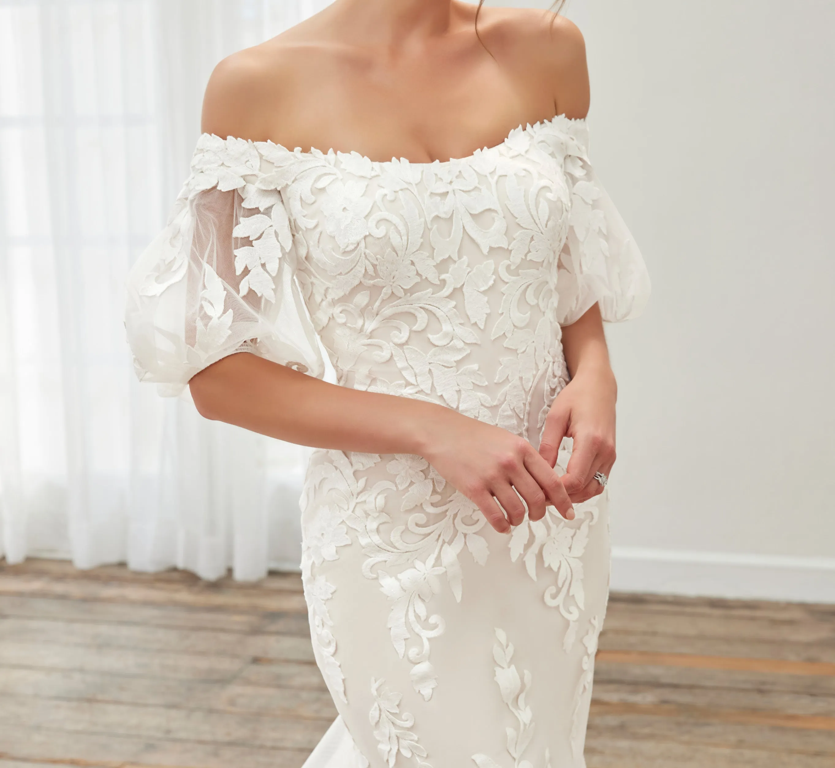 Floral Lace Off-The-Shoulder Fit-And-Flare Gown With Detachable Sleeves In Ivory Almond