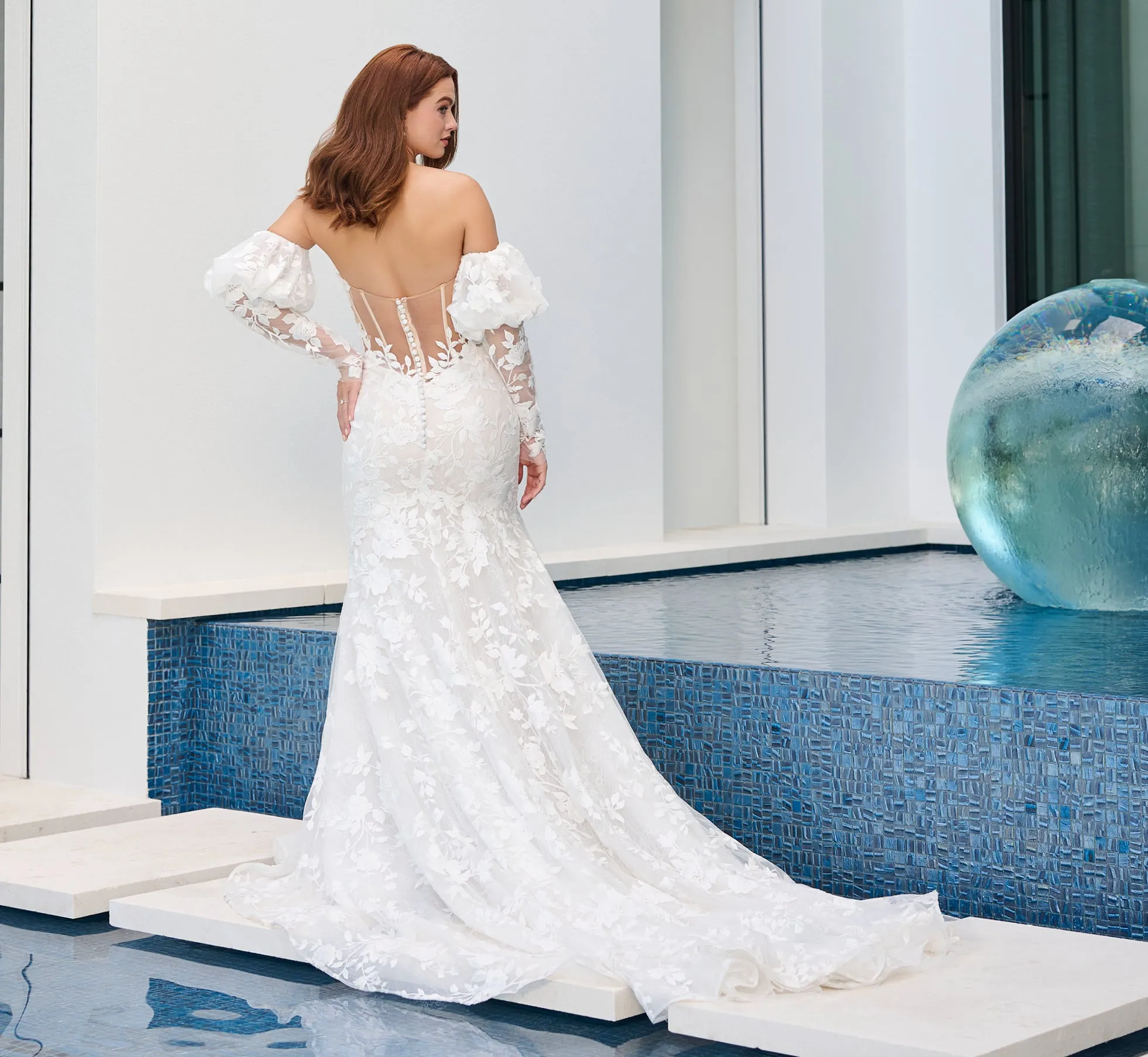 Floral Matte Lace Mermaid Gown in Ivory Almond Nude