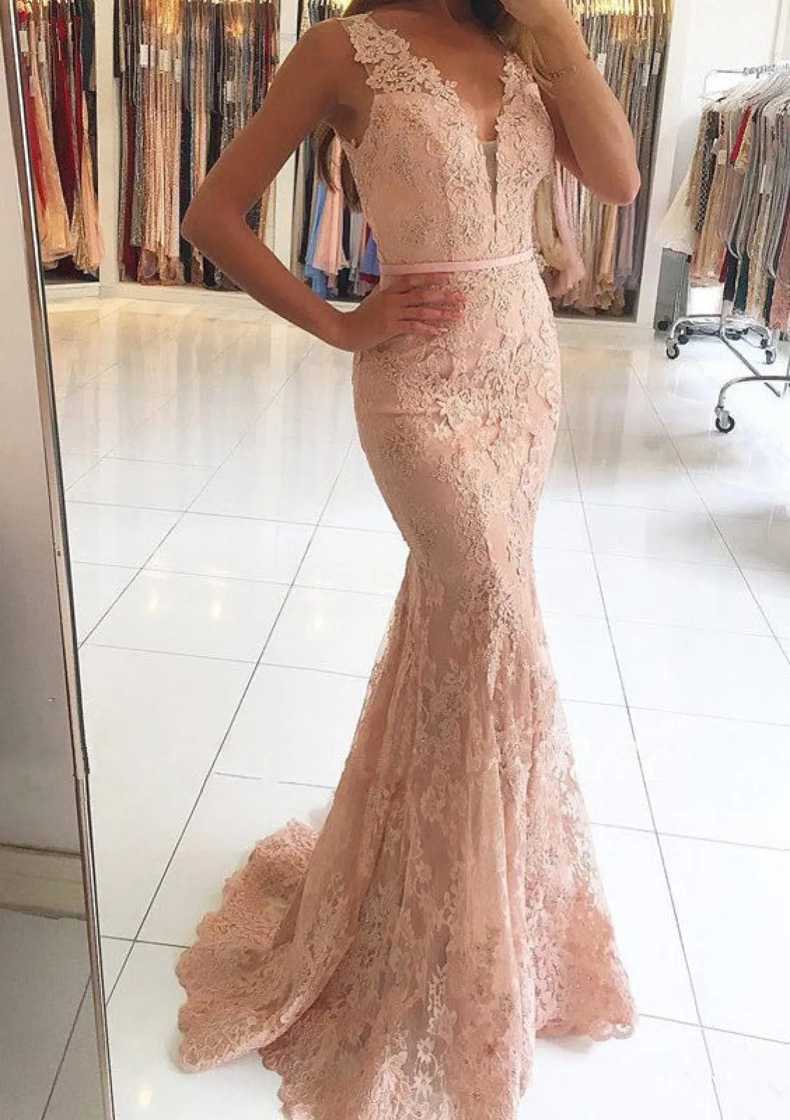 Formal Sleeveless Plunge White Lace Overlay Mermaid Evening Gown, Buttons