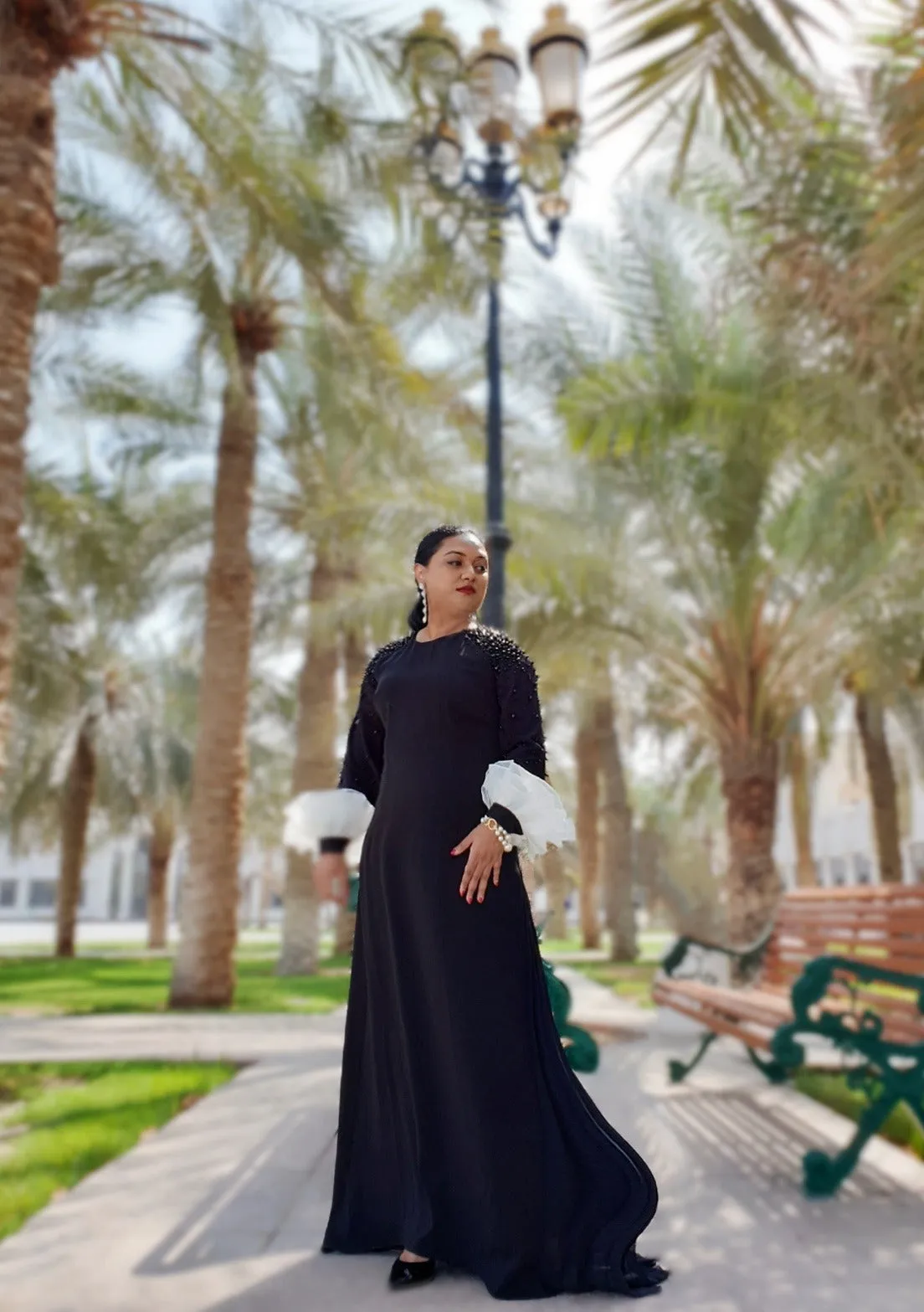 Gabrielle • Black Gown with Sleeves pearls and side pleated insert