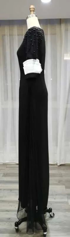 Gabrielle • Black Gown with Sleeves pearls and side pleated insert