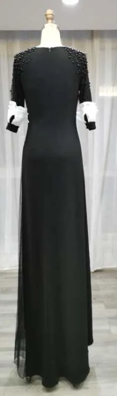 Gabrielle • Black Gown with Sleeves pearls and side pleated insert