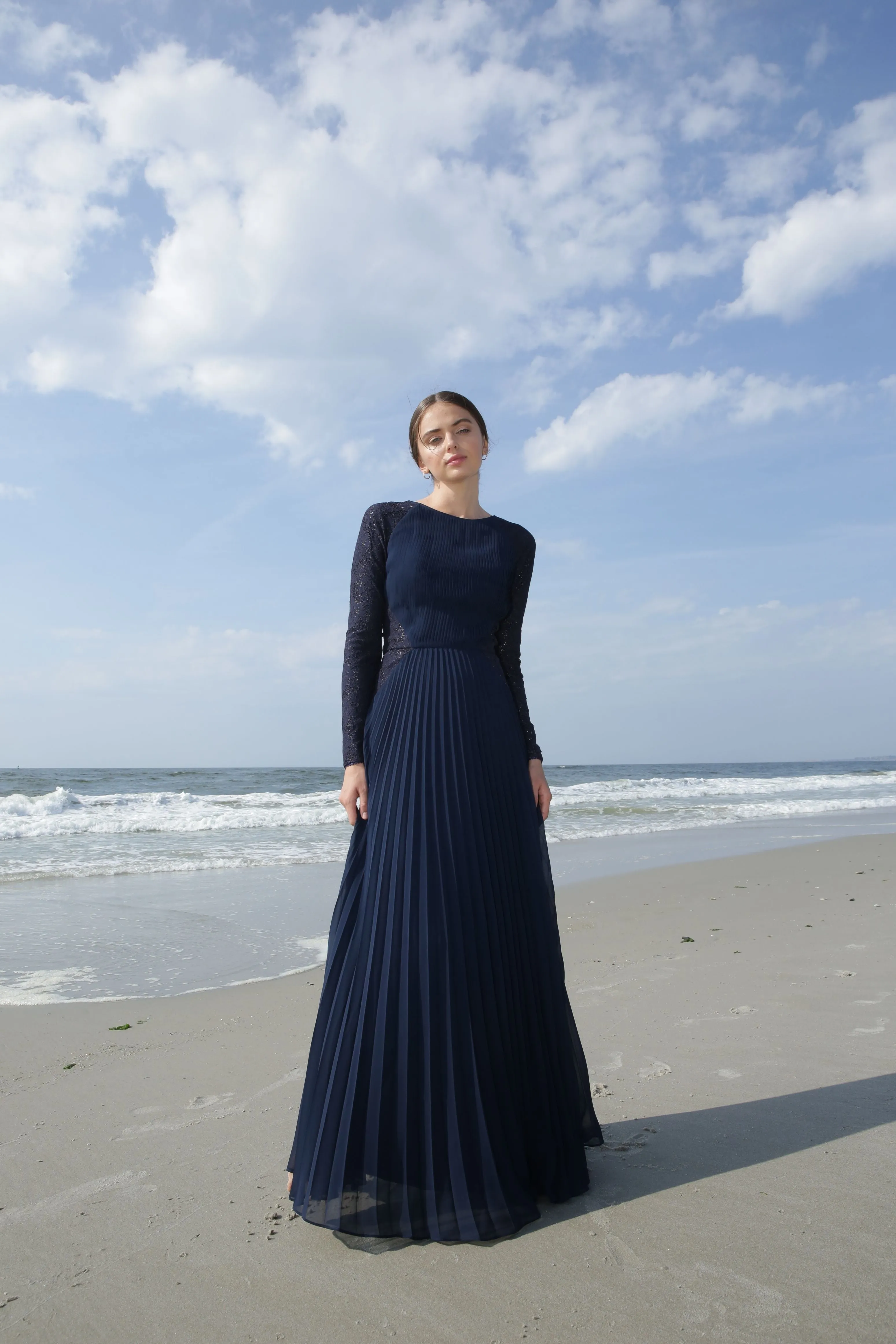 Gabrielle • Navy Pleated Chiffon and Lace