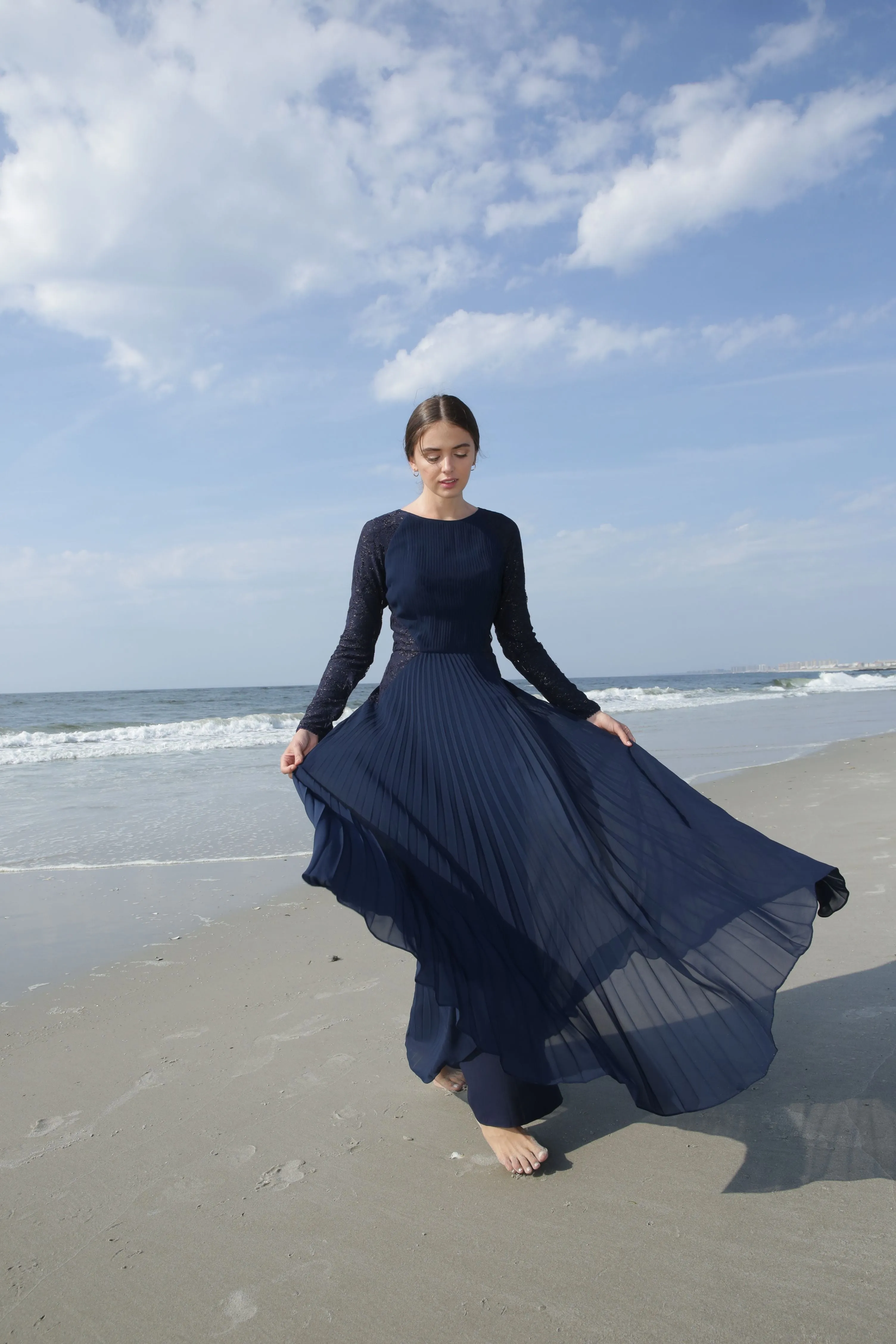 Gabrielle • Navy Pleated Chiffon and Lace