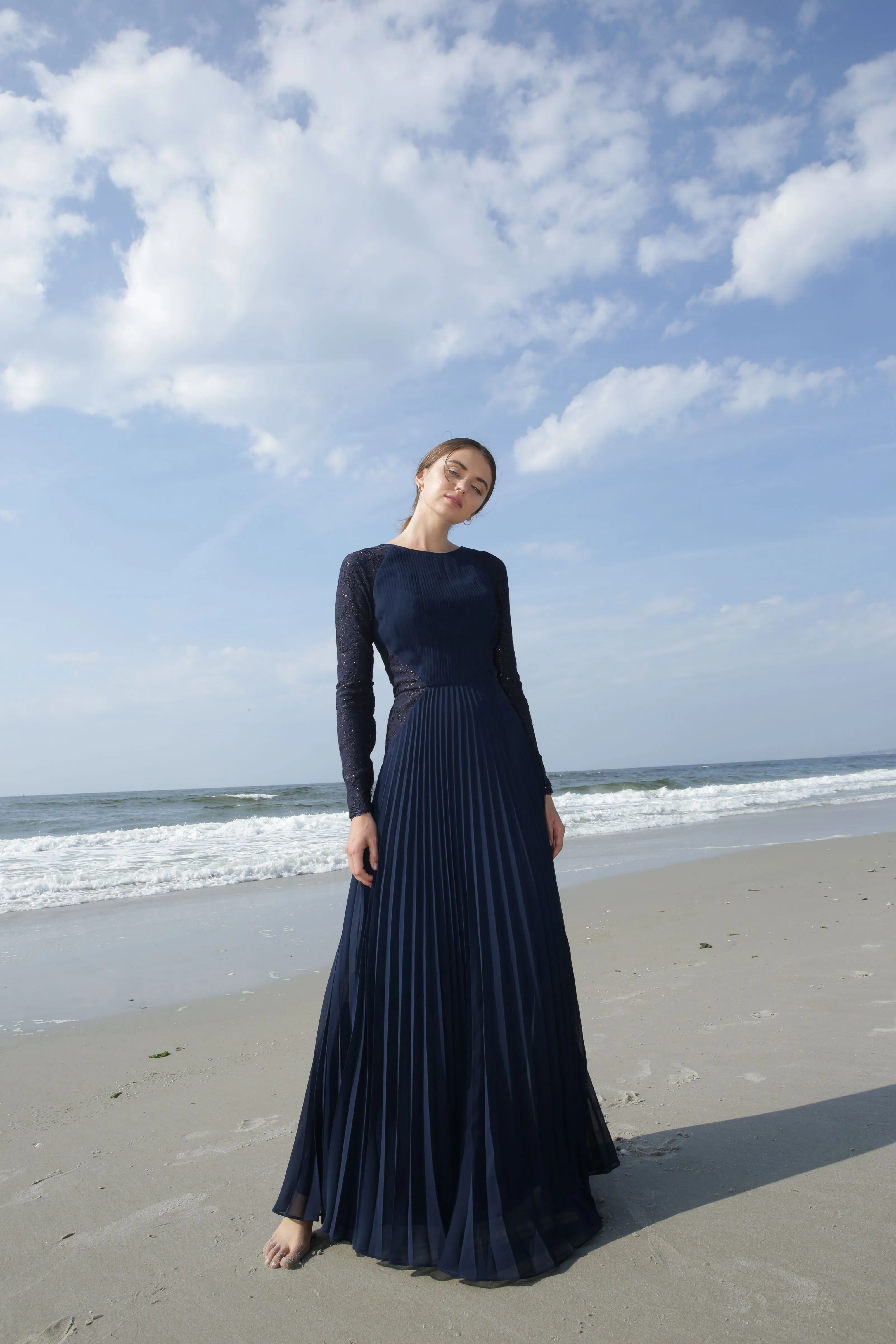 Gabrielle • Navy Pleated Chiffon and Lace
