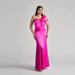 Gathered Waist One Shoulder Bow Gown _ Custom Colors Available
