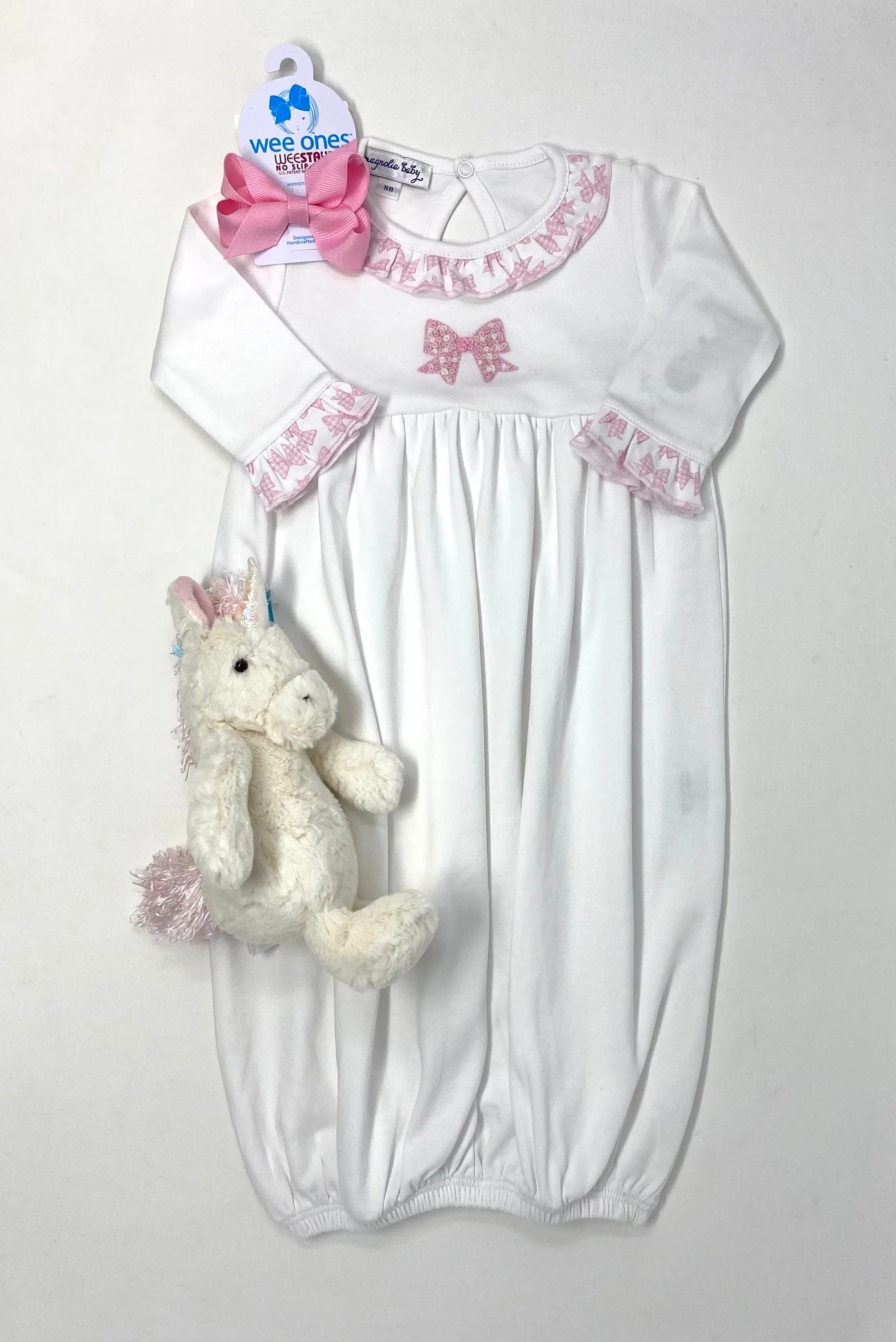 Gingham Bow Embroidered Ruffle Gathered Gown