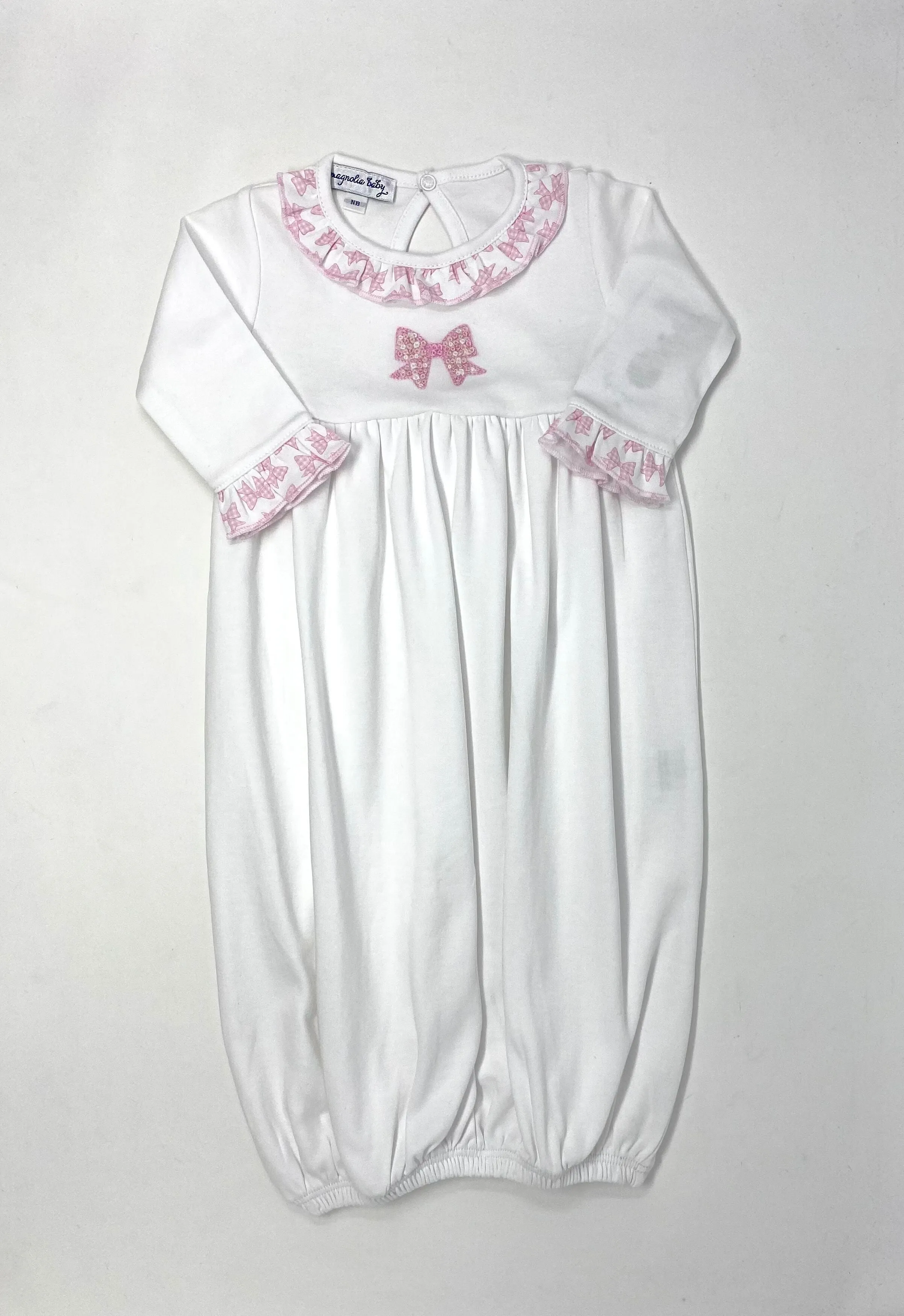 Gingham Bow Embroidered Ruffle Gathered Gown