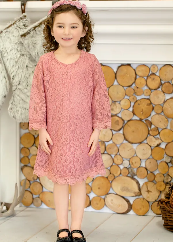Girls' Boho Floral Lace Scalloped Hem Dress in Dusty Pink