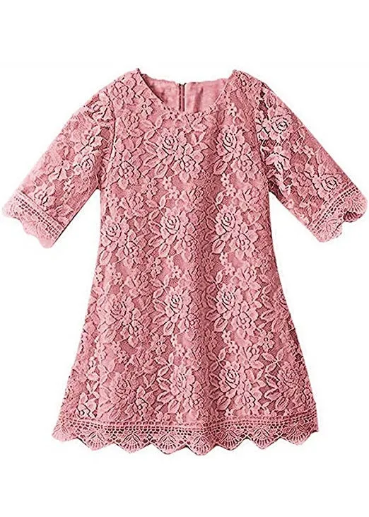 Girls' Boho Floral Lace Scalloped Hem Dress in Dusty Pink