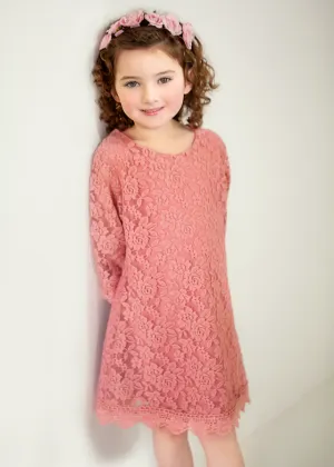 Girls' Boho Floral Lace Scalloped Hem Dress in Dusty Pink