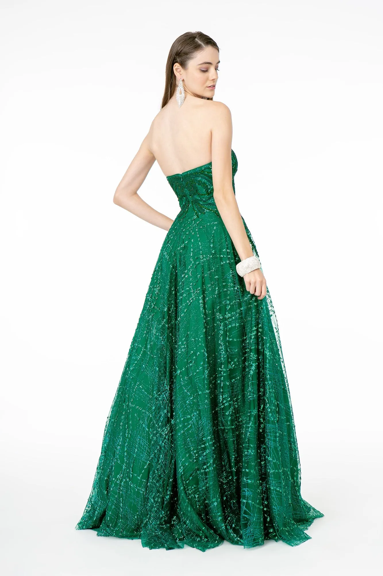 GL 2921 - Strapless A-Line Prom Gown with Beaded Embellished Bodice & Glitter Print Skirt