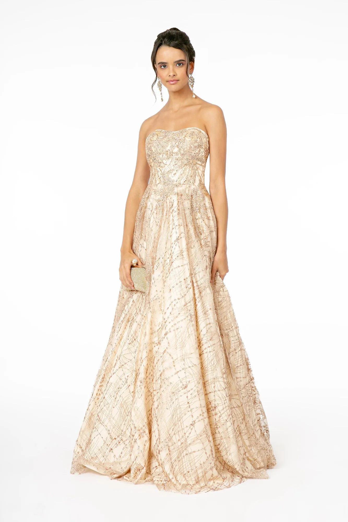 GL 2921 - Strapless A-Line Prom Gown with Beaded Embellished Bodice & Glitter Print Skirt