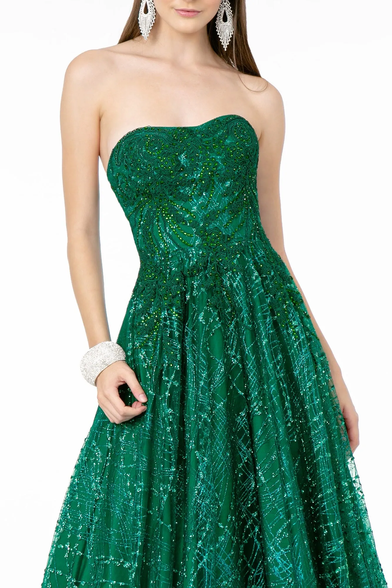 GL 2921 - Strapless A-Line Prom Gown with Beaded Embellished Bodice & Glitter Print Skirt