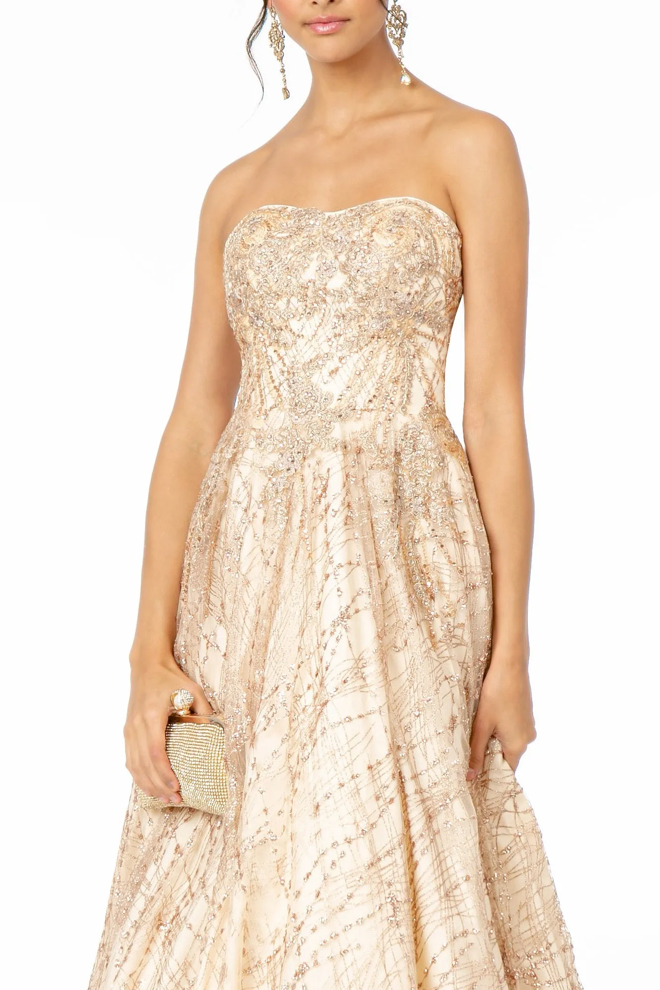 GL 2921 - Strapless A-Line Prom Gown with Beaded Embellished Bodice & Glitter Print Skirt