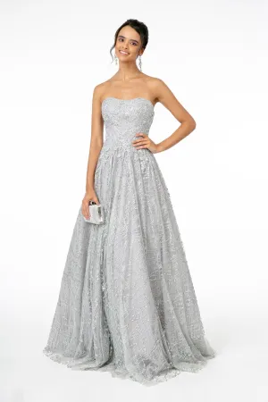 GL 2921 - Strapless A-Line Prom Gown with Beaded Embellished Bodice & Glitter Print Skirt