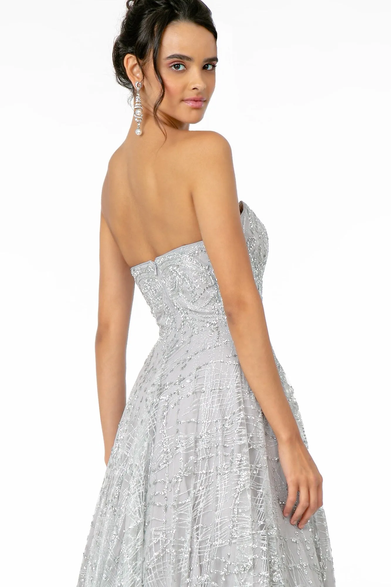 GL 2921 - Strapless A-Line Prom Gown with Beaded Embellished Bodice & Glitter Print Skirt
