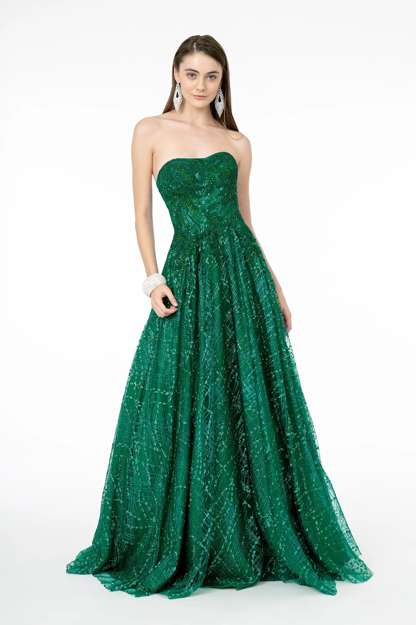 GL 2921 - Strapless A-Line Prom Gown with Beaded Embellished Bodice & Glitter Print Skirt