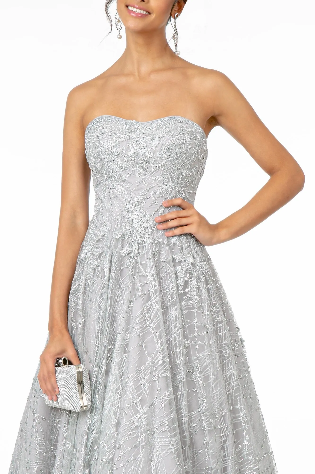GL 2921 - Strapless A-Line Prom Gown with Beaded Embellished Bodice & Glitter Print Skirt