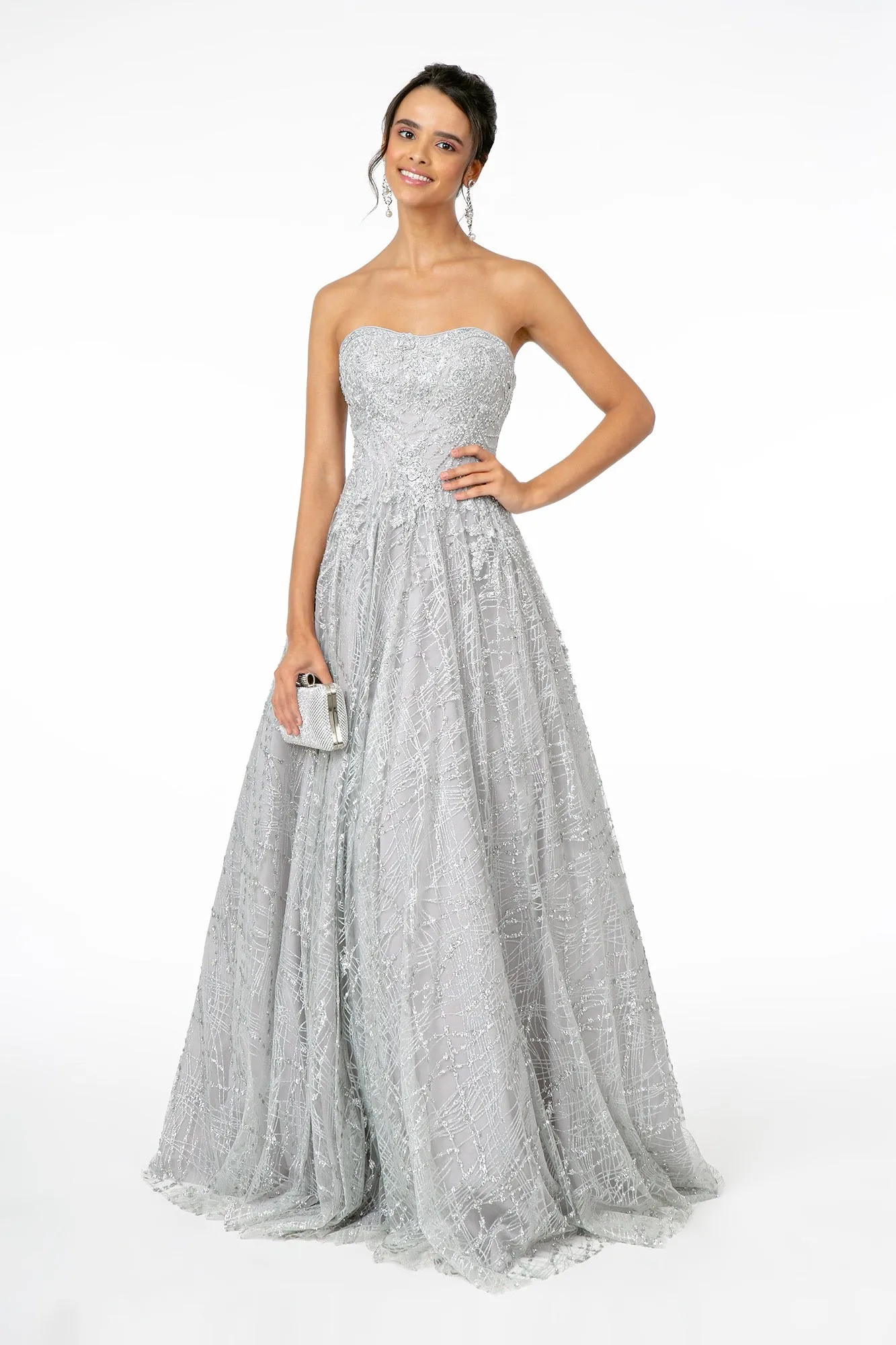 GL 2921 - Strapless A-Line Prom Gown with Beaded Embellished Bodice & Glitter Print Skirt