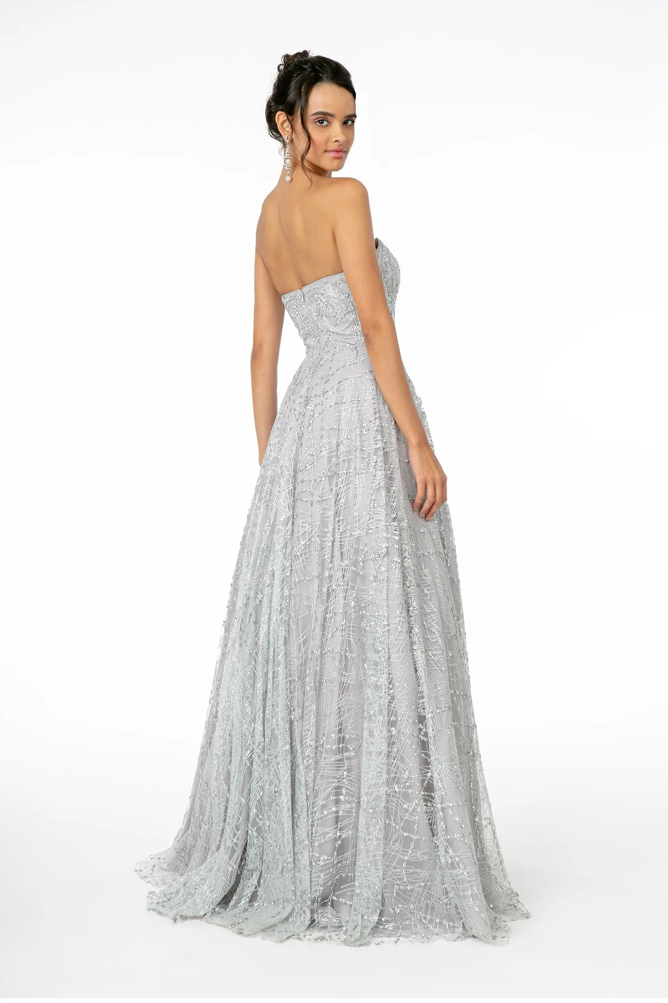 GL 2921 - Strapless A-Line Prom Gown with Beaded Embellished Bodice & Glitter Print Skirt