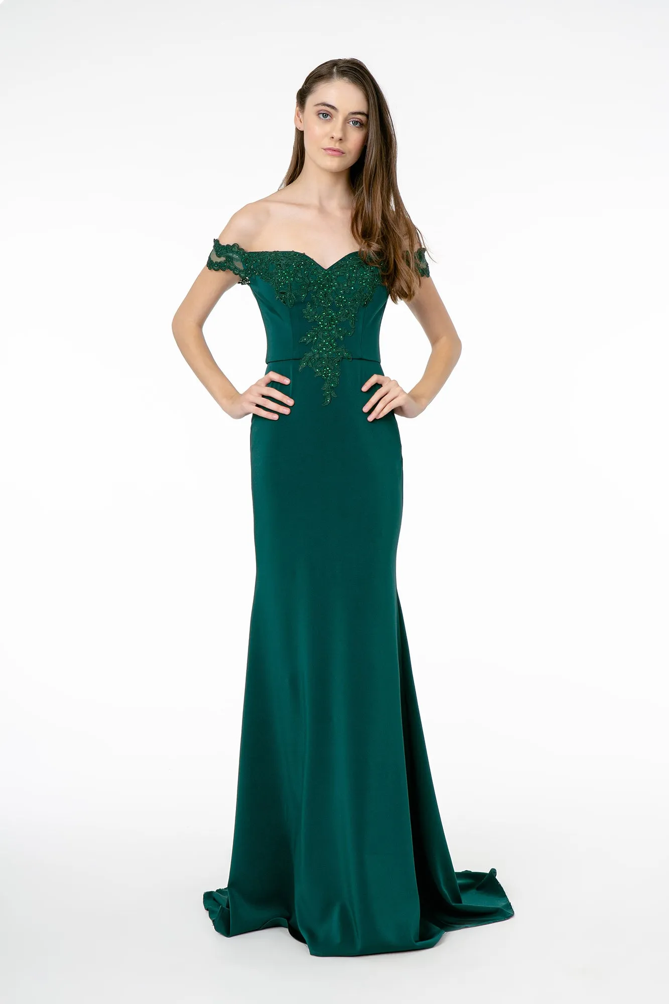 GL 2958 - Off the Shoulder Prom Gown with Embroidered Bodice & Train with Lace Insert