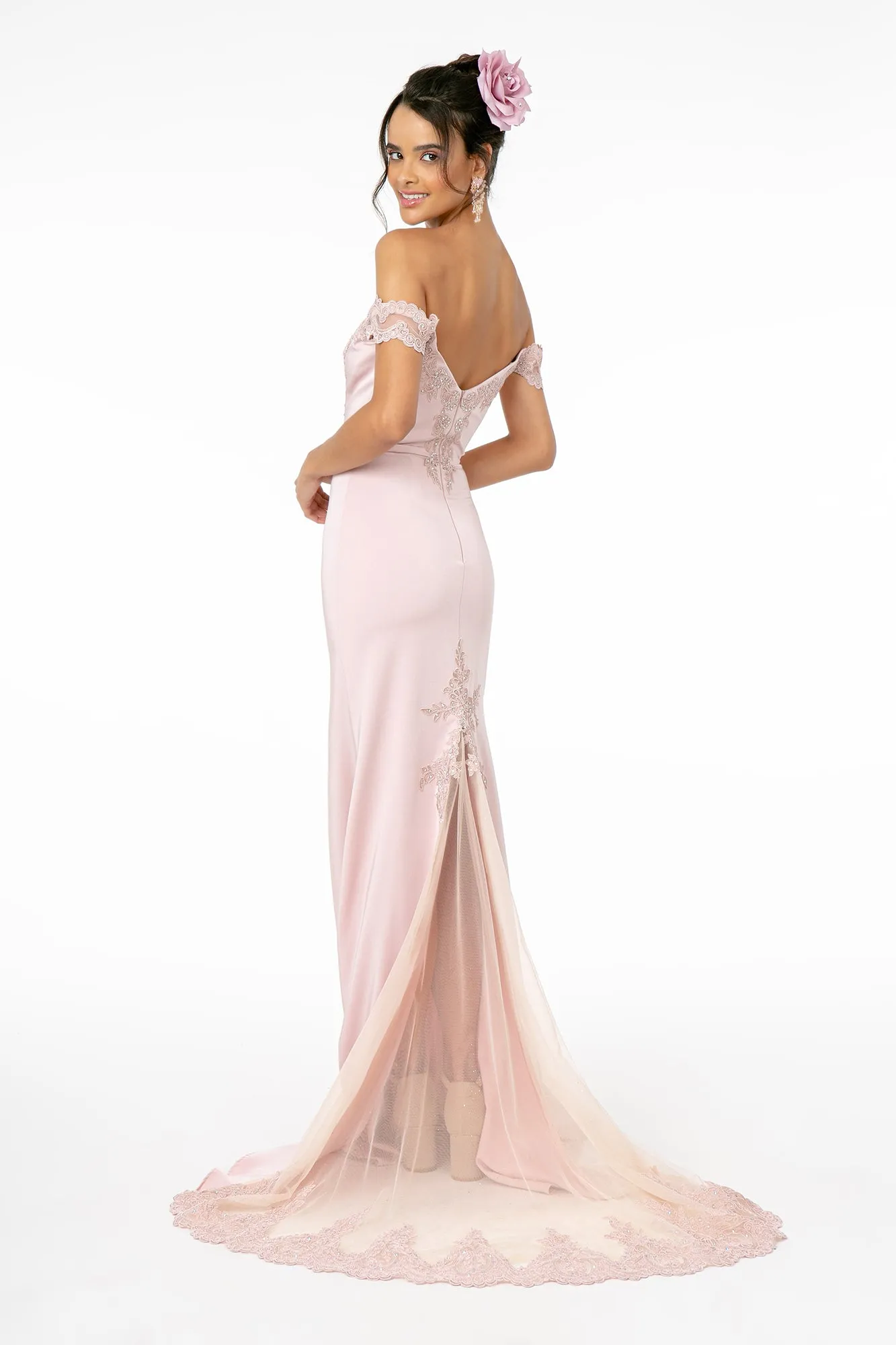 GL 2958 - Off the Shoulder Prom Gown with Embroidered Bodice & Train with Lace Insert