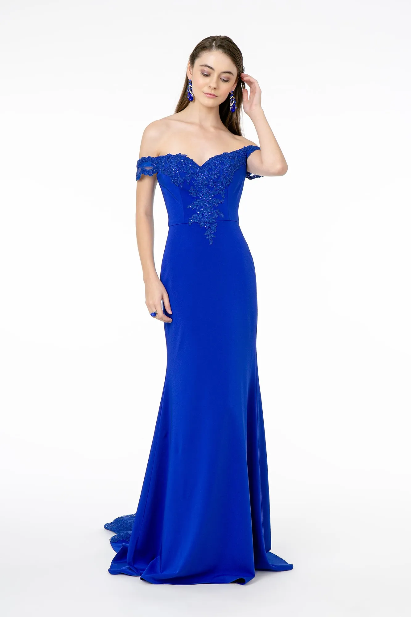 GL 2958 - Off the Shoulder Prom Gown with Embroidered Bodice & Train with Lace Insert