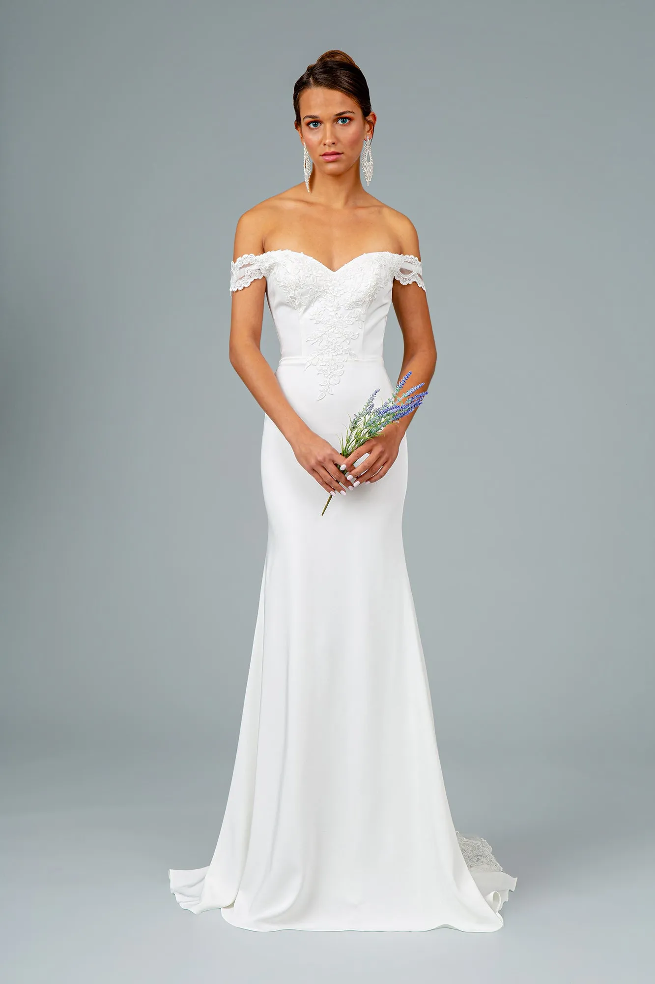 GL 2958 - Off the Shoulder Prom Gown with Embroidered Bodice & Train with Lace Insert