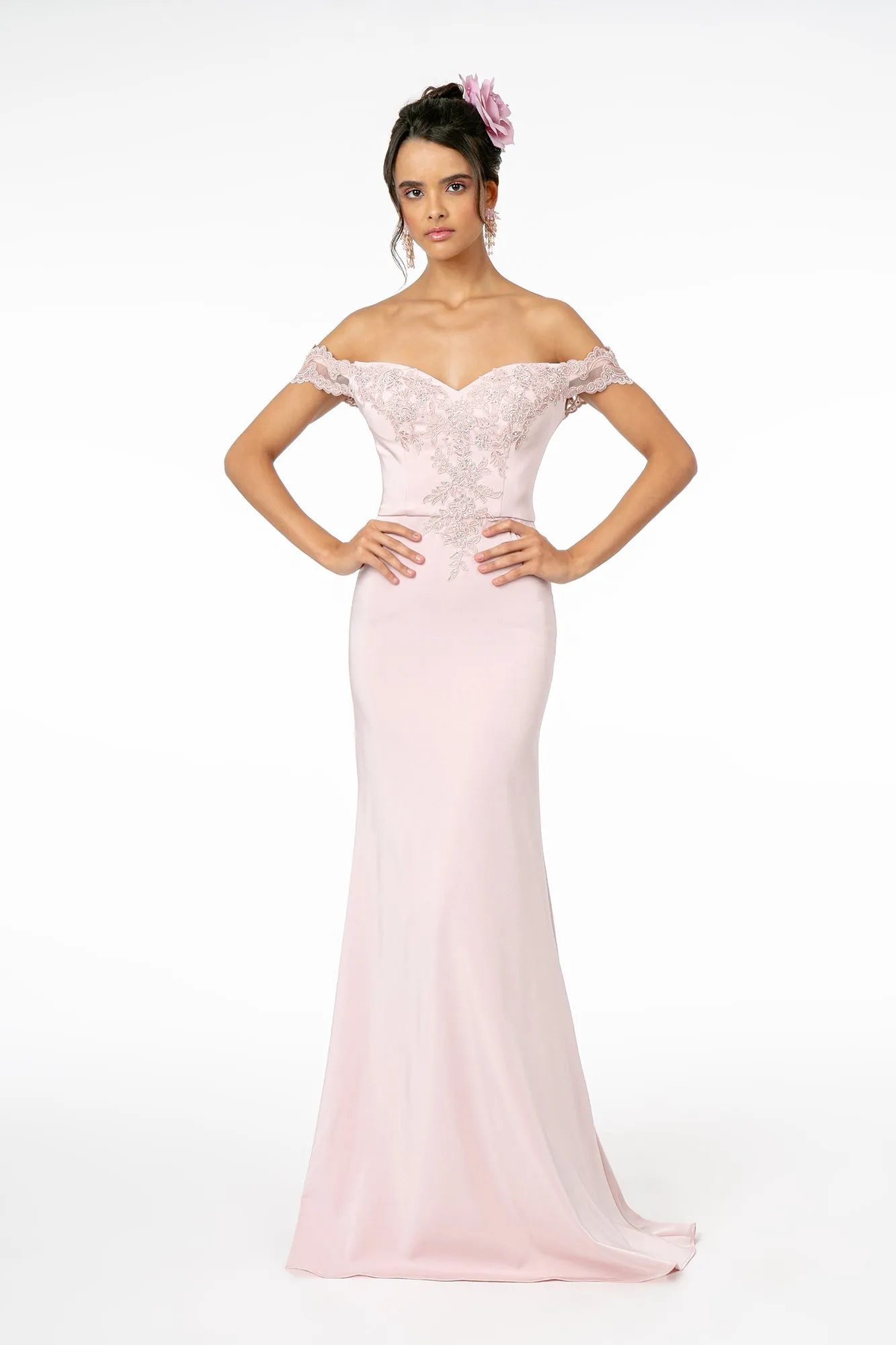 GL 2958 - Off the Shoulder Prom Gown with Embroidered Bodice & Train with Lace Insert