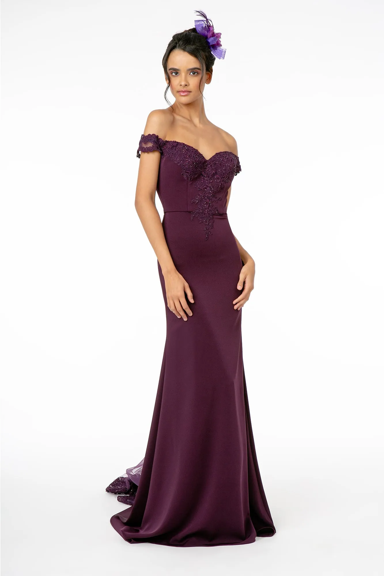 GL 2958 - Off the Shoulder Prom Gown with Embroidered Bodice & Train with Lace Insert