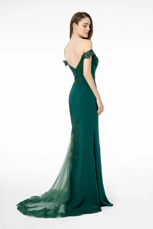 GL 2958 - Off the Shoulder Prom Gown with Embroidered Bodice & Train with Lace Insert