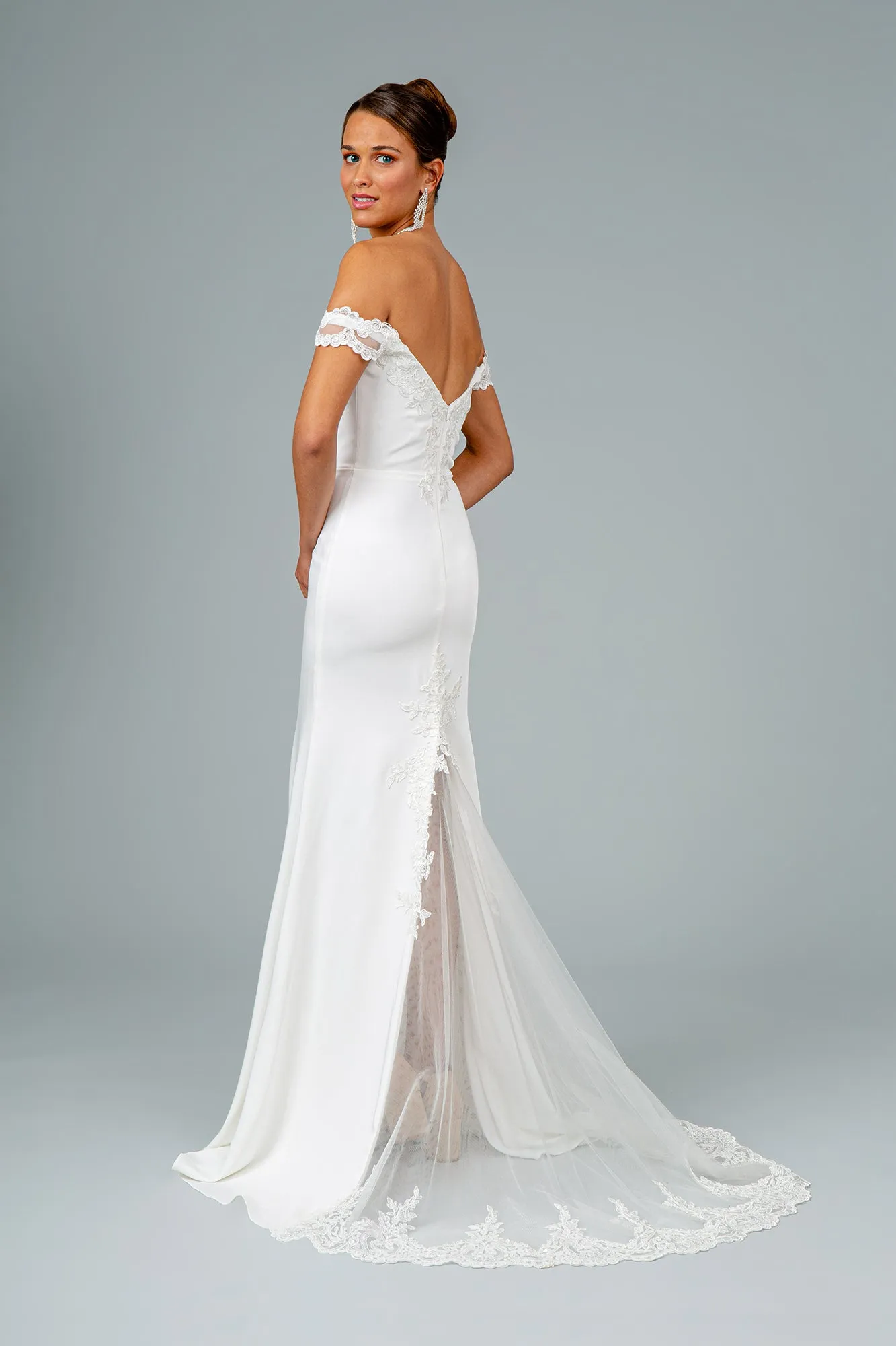 GL 2958 - Off the Shoulder Prom Gown with Embroidered Bodice & Train with Lace Insert