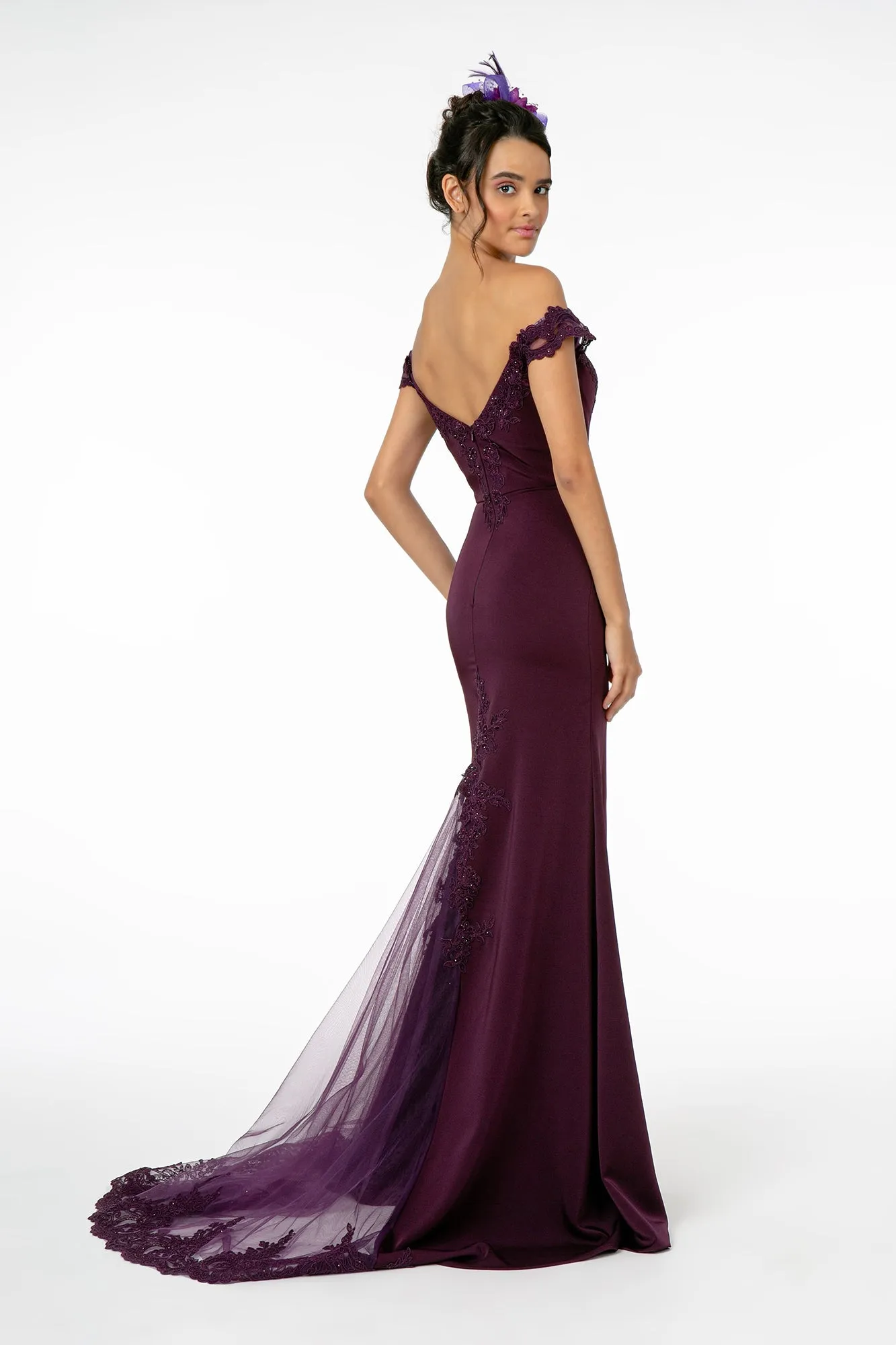 GL 2958 - Off the Shoulder Prom Gown with Embroidered Bodice & Train with Lace Insert