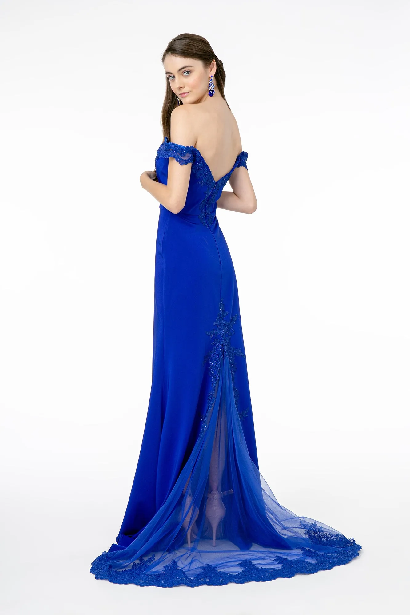 GL 2958 - Off the Shoulder Prom Gown with Embroidered Bodice & Train with Lace Insert