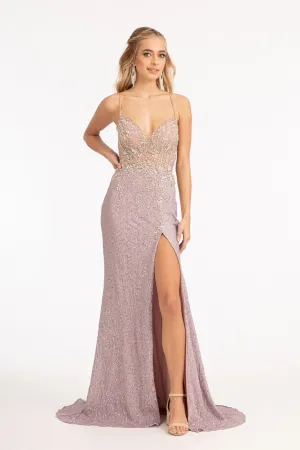 GL 3006 - Full Sequin Fit & Flare Prom Gown with Sheer Beaded Bodice Leg Slit & Open Lace Up Corset Back